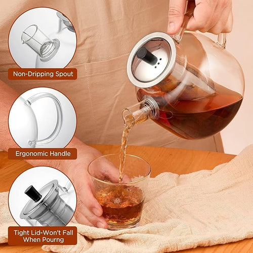 1500ml(50oz) Glass Teapot with Removable Infuser, Ehugos Stovetop Safe Large Tea Pot, Blooming and Loose Leaf Hand Crafted Kettle for Women and Adult with Stainless Infuser