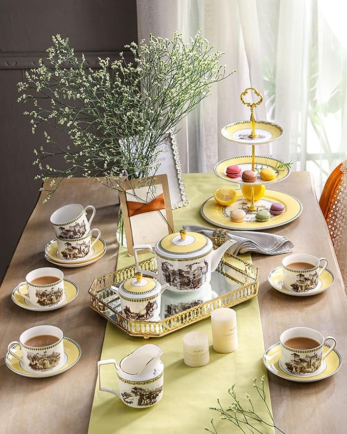 ACMLIFE Tea Set for Adults- Fine China Tea Set for 6, 21-Piece Vintage Coffee Set English Porcelain Tea Pot Sets for Adult Tea Party for Women Gift (Yellow, Extra Large 21)