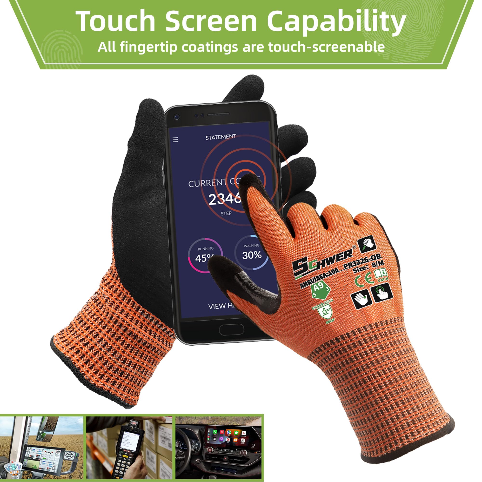 Schwer ProGuard Highest Level Cut Resistant Work Gloves PR3326 for Extreme Protection, ANSI A9 Cut Gloves with Reinforced Thumb, Non Slip, Breathable, Cooling, Durable, Touch-screen, Orange 2 Pairs（S）