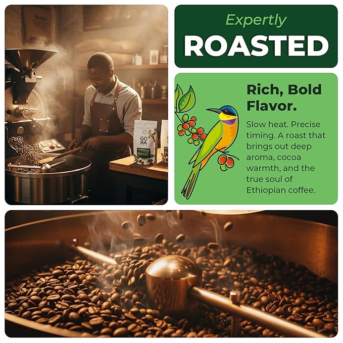 GO RA COFFEE – Ethiopian Roast Whole Bean – Organic Arabica from Ethiopia – Mycotoxin-Free, Single Origin African Beans – Roasted at Source – 500g (17.64 oz) – by Moyee Coffee