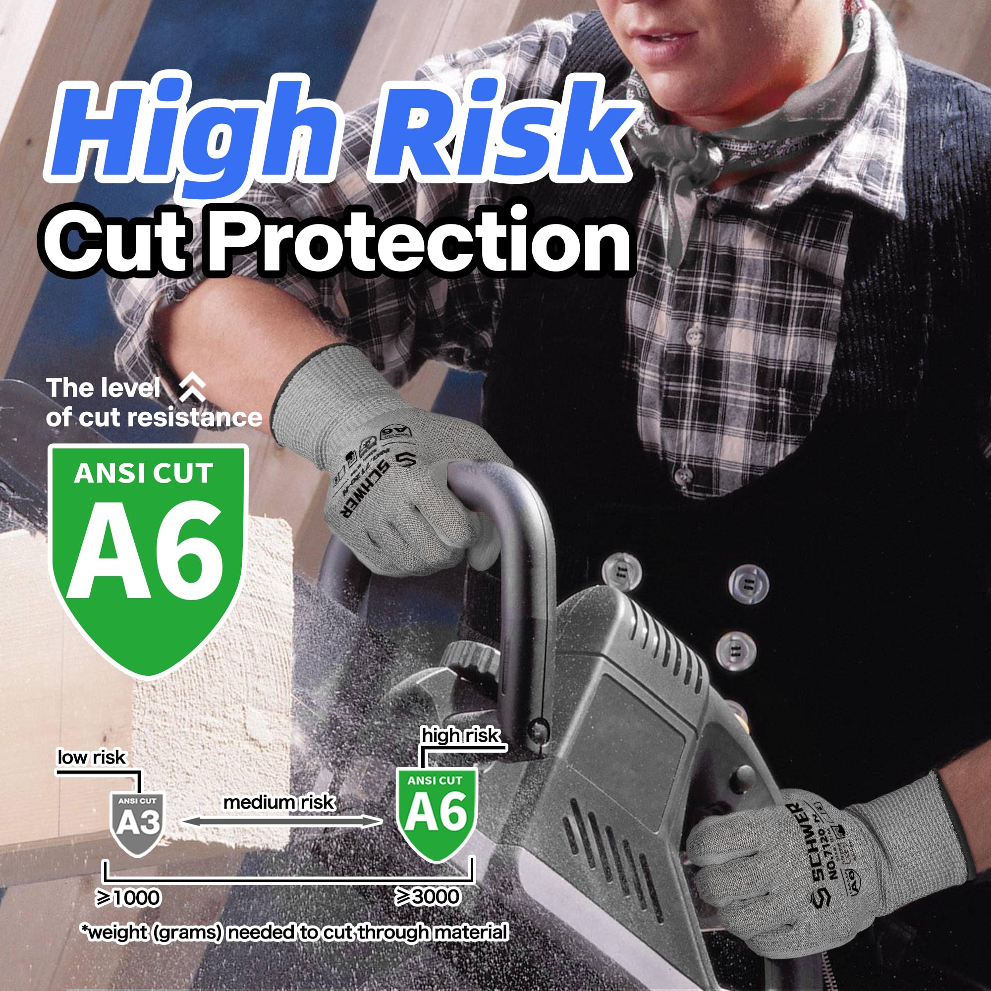 Schwer 6 Pairs A6/A7 (Send Randomly) Cut Resistant Work Gloves, CR7120, L