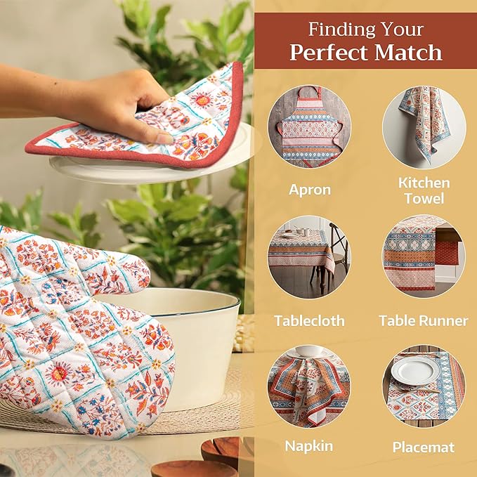 Maison d' Hermine 100% Cotton Oven Mitt & Pot Holder Set (7.5"x13" & 8"x8") Heat Resistant BBQ Cooking Gloves with Loop, Baking, Grilling, Kitchen, Handling Hot Pans (Cachemire)