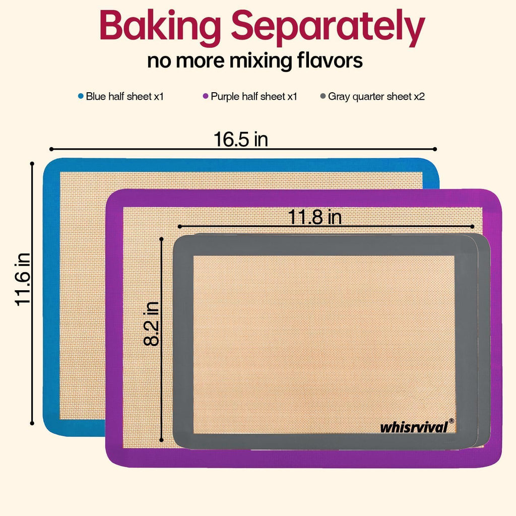 whisrvival 4 Pack Silicone Baking Mat, Non-Stick Silicone Baking Sheet, Food Safe Silicone Mats for Baking, 480℉ Heat Resistant, 2 Half & 2 Quarter (Purple, Blue, Grey)