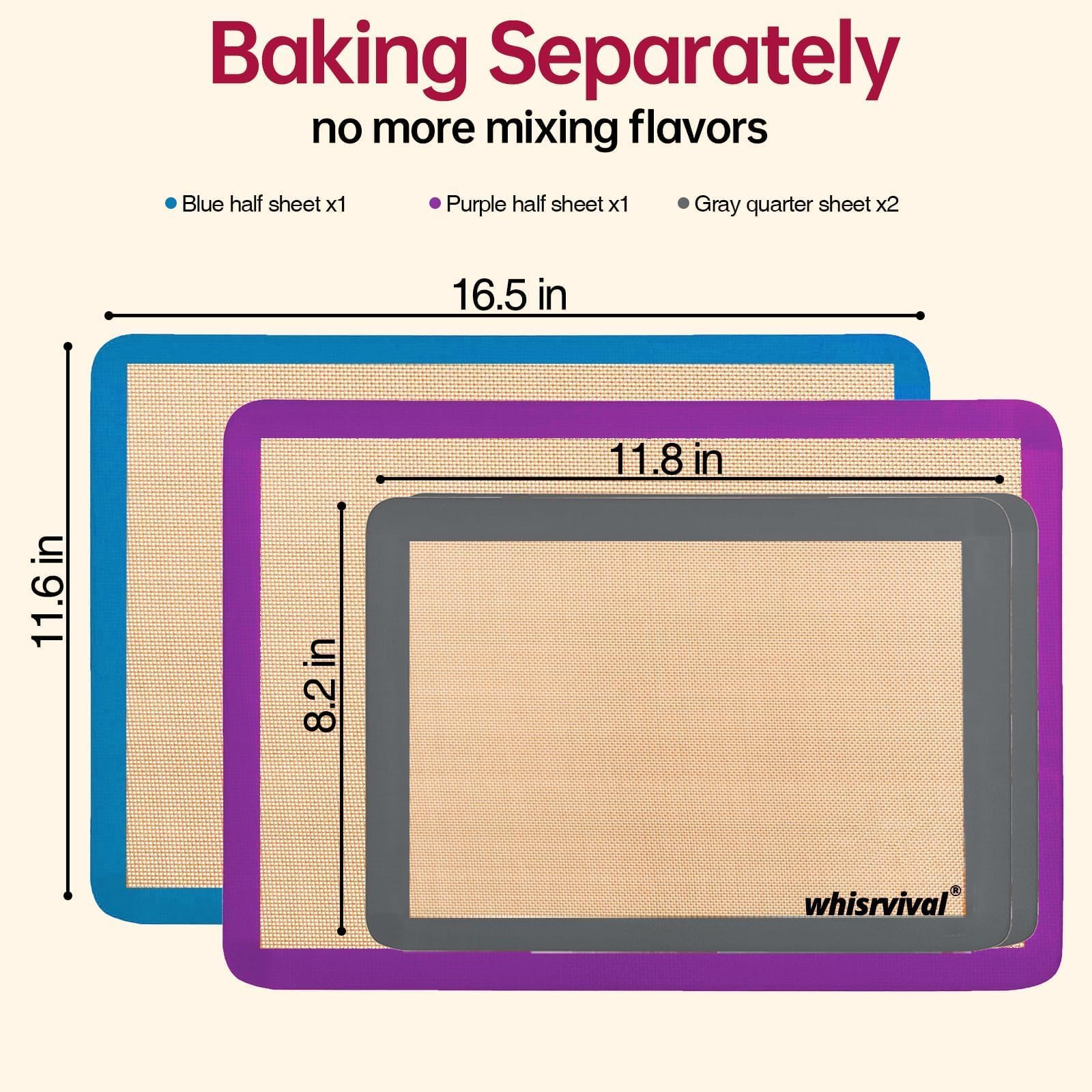 whisrvival 4 Pack Silicone Baking Mat, Non-Stick Silicone Baking Sheet, Food Safe Silicone Mats for Baking, 480℉ Heat Resistant, 2 Half & 2 Quarter (Purple, Blue, Grey)