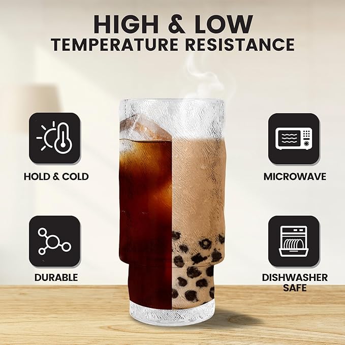 4 Pcs 11oz Drinking Glasses Cups Set with Bamboo Lids Straws Brush Small Embossed Glassware Set for Juice Iced Coffee Cocktail Whiskey(Begonia*4)