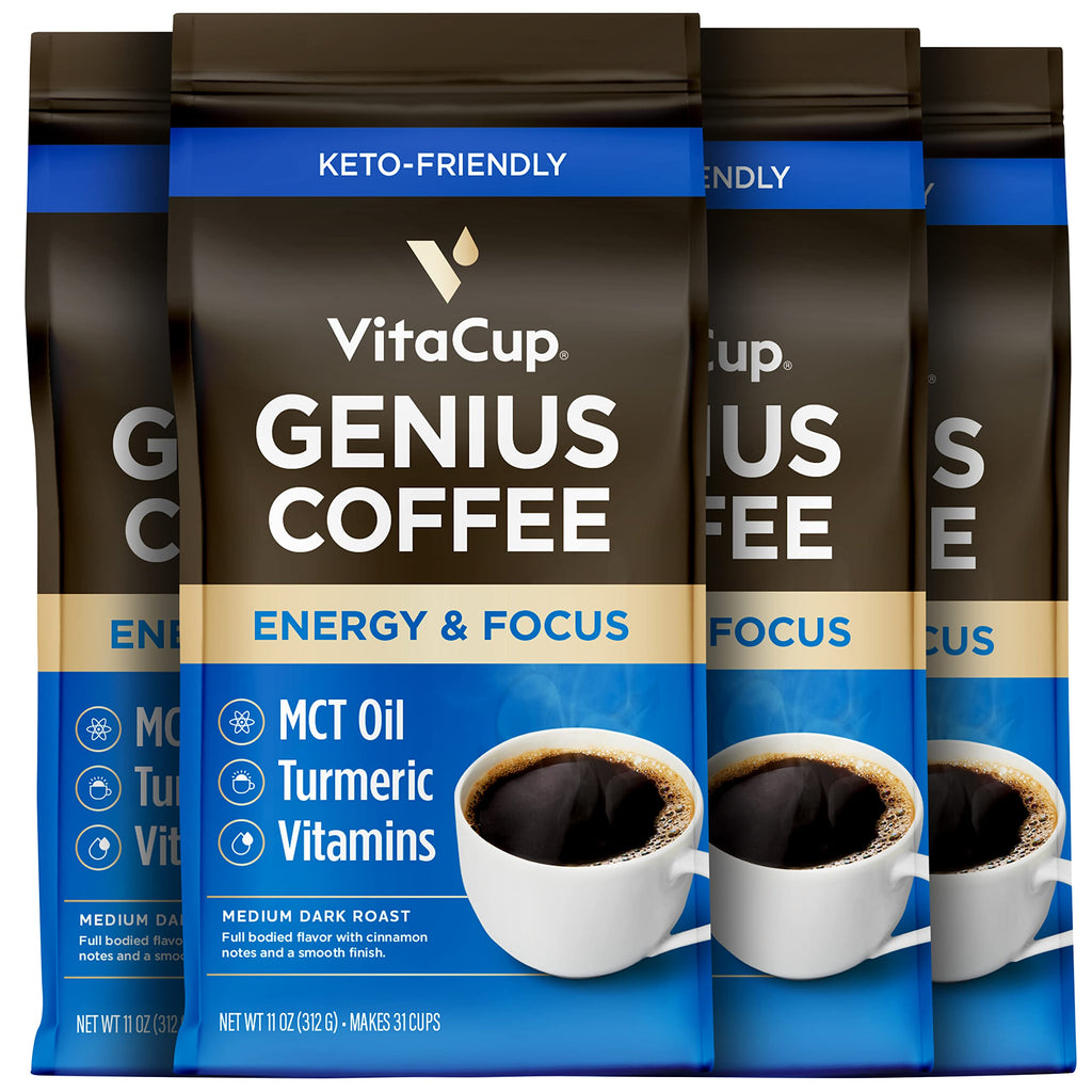 VitaCup Genius Keto Medium Dark Roast Ground Coffee, 40oz, 4 Bags