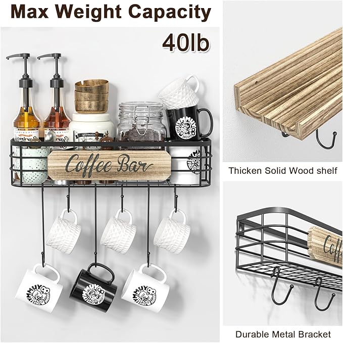 Floating Mug Racks 2 Pack - Wall Mounted Coffee Cup Holder with 12 Hooks, Mug Organizer for Kitchen, Farmhouse Coffee Bar Decor