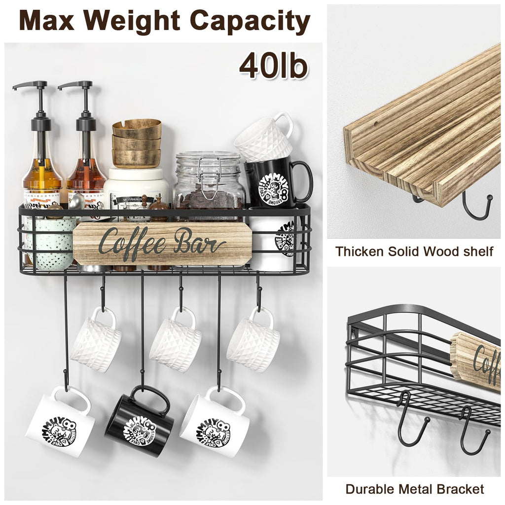 Filano Coffee Cup Holder 2 Pack Coffee Bar Shelf with 12 Mug Hooks, Mug Organizer Floating Mug Racks for Wall, Coffee Cup Display Hanger Pods Holder, Farmhouse Coffee Bar Decor Kitchen Accessories