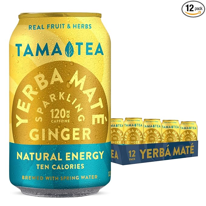 Sparkling Ginger Yerba Mate by Tama Tea - Unsweetened Natural Energy Drink with Real Fruit & Herbs - Healthy Caffeine Drink Alternative - 120mg of Brain-Boosting Caffeine, 10 Calories - 12oz Pack of 12