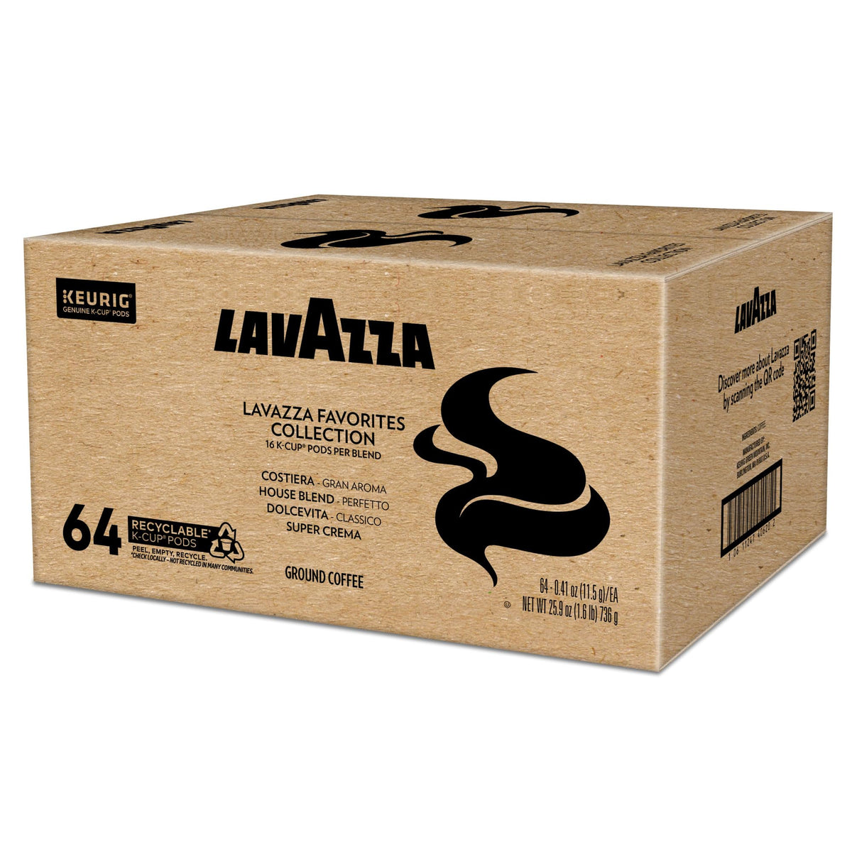 Lavazza Favorites Collection Variety Pack, K-Cup Pods, Light and Medium Roast Coffee, 64 Count