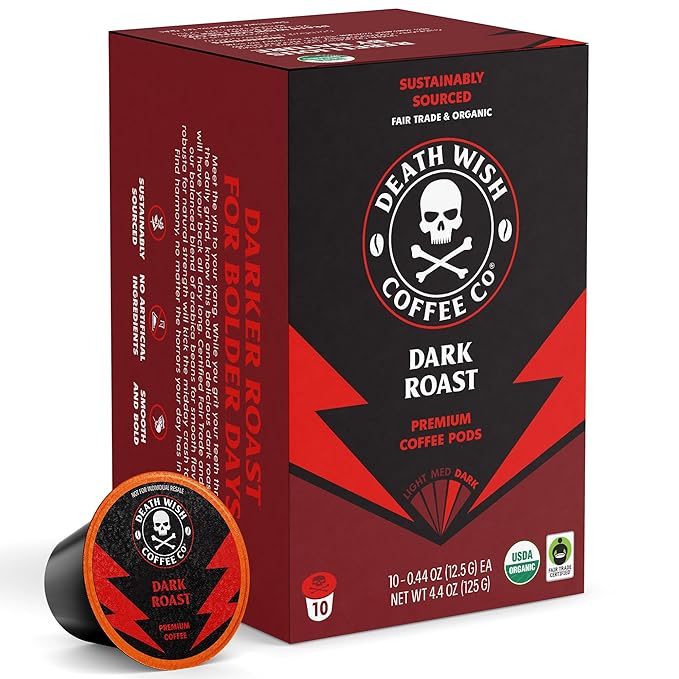 Death Wish Coffee Valhalla Java Single Serve Pods - Extra Kick of Caffeine - Medium Roast Coffee Pods - Made with USDA Certified Organic Fair Trade Arabica and Robusta Beans 10 Count (pack of 1)
