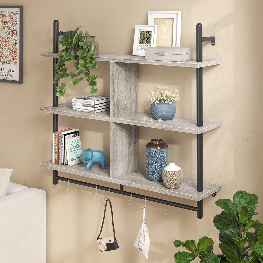 Bestier 41" Floating Kitchen Shelves Wall Mounted 3 Tier Coffee Bar Mug Shelf Hanging with 8 Hooks Display Plant Pipe Shelving for Living Room Kitchen Bathroom Balcony, Retro Grey
