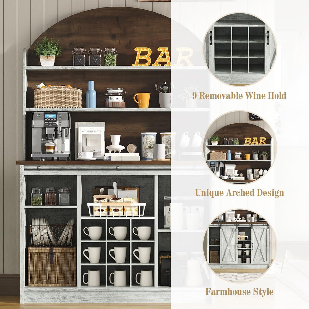4 EVER WINNER 67-Inch Farmhouse Coffee Bar Cabinet with Storage, Grey