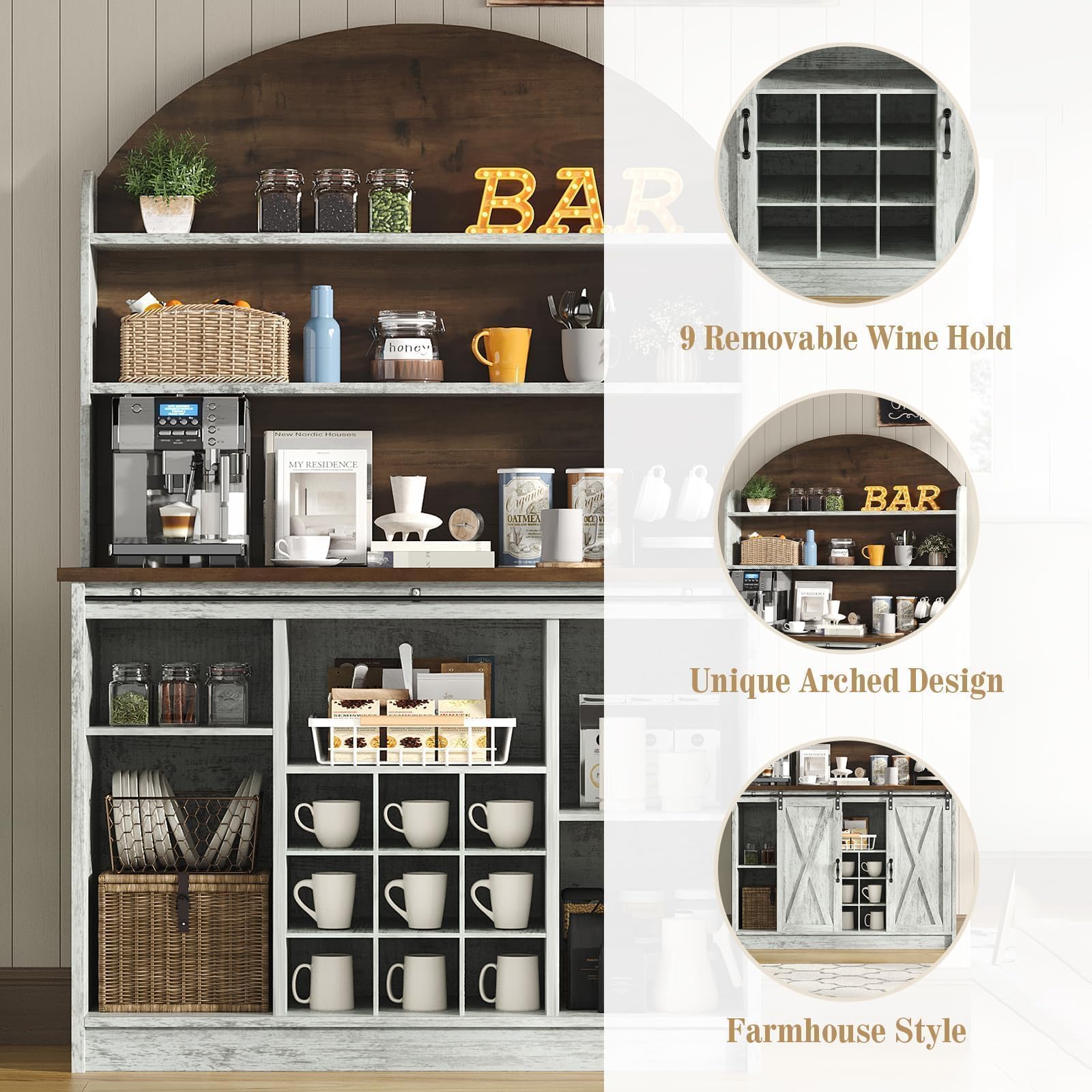 4 EVER WINNER 67-Inch Farmhouse Coffee Bar Cabinet with Storage, Grey