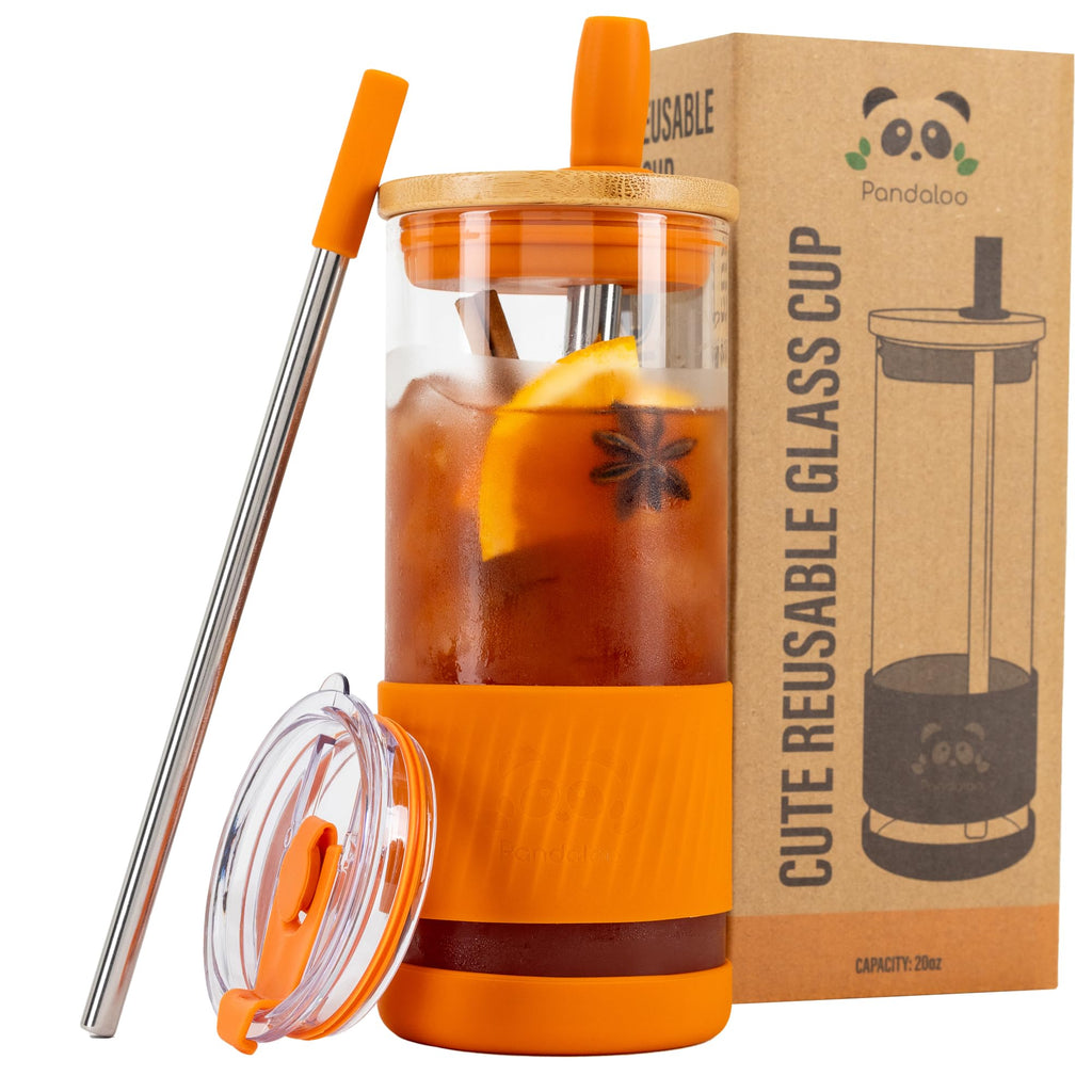 Pandaloo® Glass Cups With Lids and Straws -20 Fl Oz- Perfect Size Iced Coffee Cup - Smoothie Cup With Bamboo Lid and On the go Lid - Glass Tumbler With Straw (1 Count (Pack of 1), Autumn Gold)