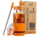 Pandaloo® Glass Cups With Lids and Straws -20 Fl Oz- Perfect Size Iced Coffee Cup - Smoothie Cup With Bamboo Lid and On the go Lid - Glass Tumbler With Straw (1 Count (Pack of 1), Autumn Gold)