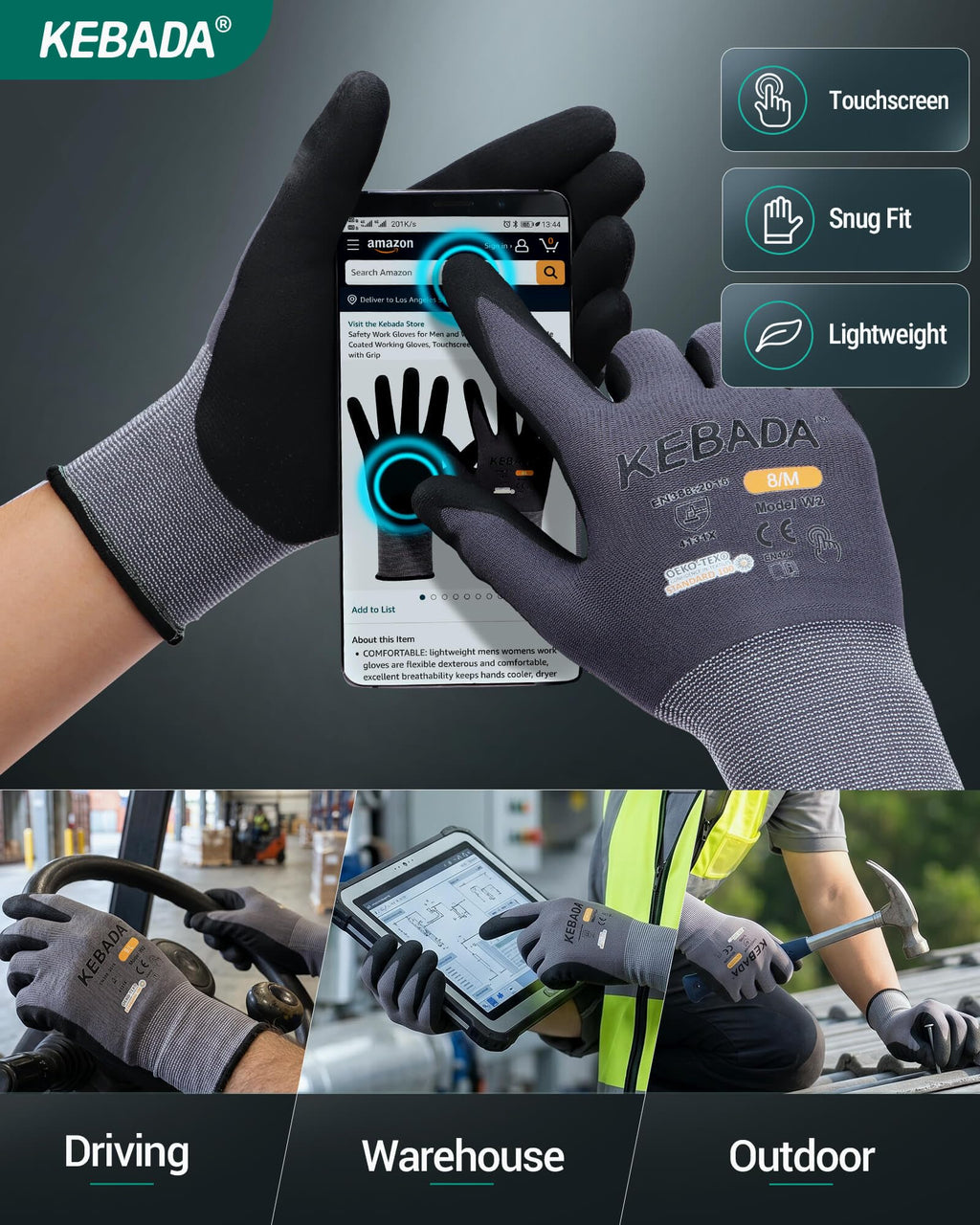 Kebada W2 Touchscreen Safety Work Gloves for Men & Women, 6 Pairs