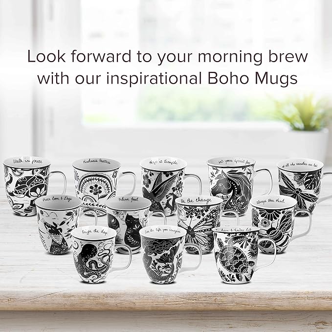 Karma Gifts 16 oz Black and White Boho Mug Cat - Cute Coffee and Tea Mug - Ceramic Coffee Mugs for Women and Men