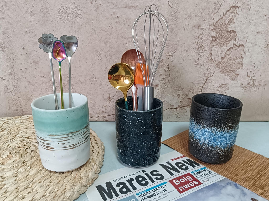 TOPYOKK Stoneware Coffee Bar Utensil Holder Tea & Coffee Spoon & Stirrer Holder for Stir Stick Straw Teaspoon Holder Espresso Spoon Cup Small Utensil Jar (Sea Water)
