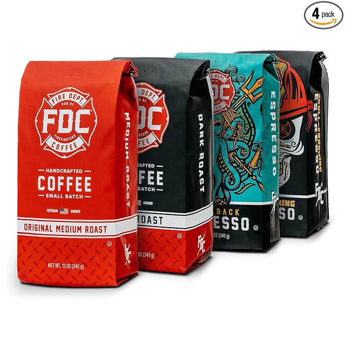 Fire Department Coffee - Gives Back to Firefighters - Rescue Variety Pack - Whole Bean Coffee - Medium, Dark, Shellback Espresso, & Skull Crushing Espresso Beans - Veteran Owned (12oz