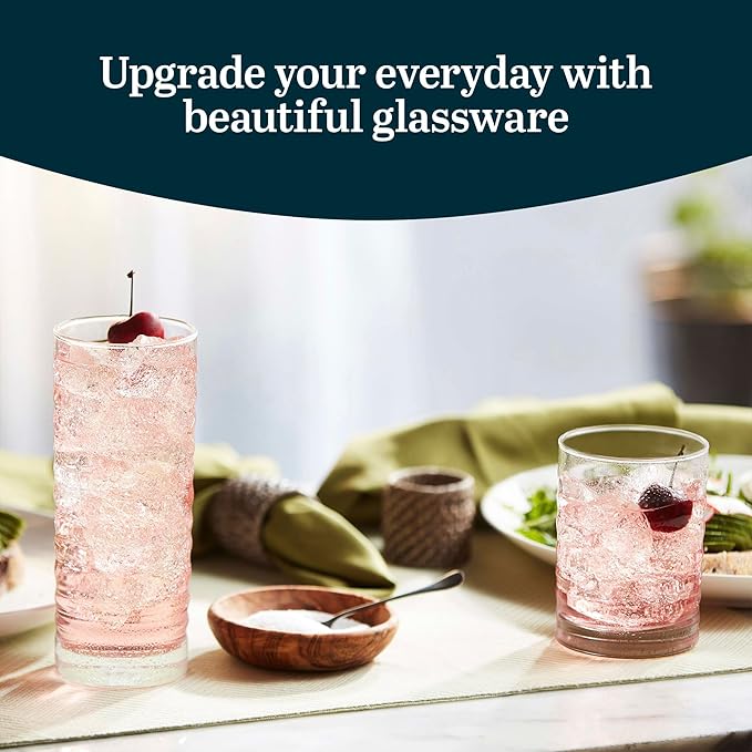 Libbey Pueblo Tumbler and Rocks Glass Set, Wavy and Groovy Drinking Glasses Set, Dishwasher Safe Glasses Drinking Set of 16 for Everyday Family Meals