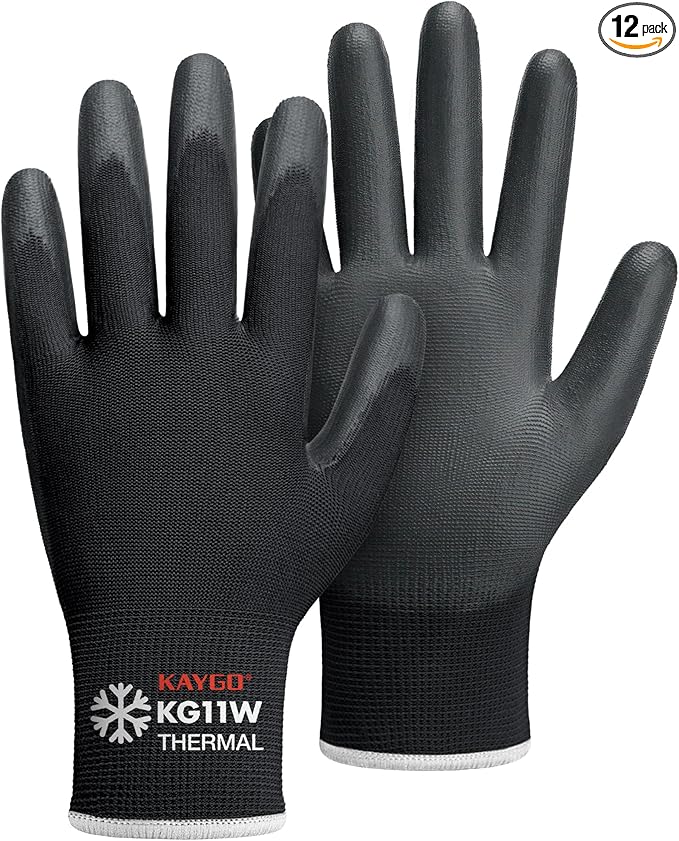 KAYGO Winter Work Gloves for Men and Women, 12 Pairs Thermal Insulated Safety Work Gloves PU Coated, Smooth Grip on Palm & Fingers,Ideal for Freezer Work,Black,XL