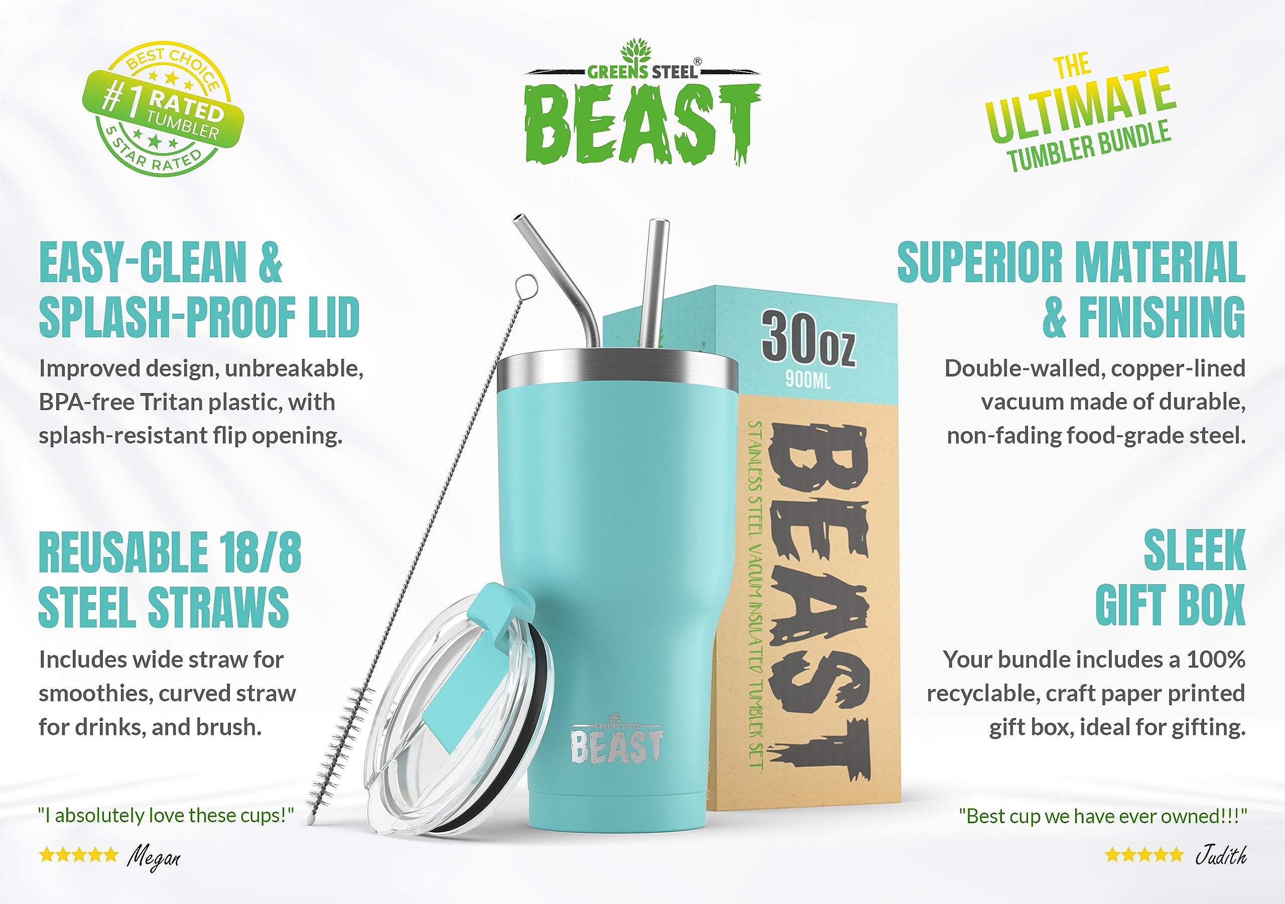Beast 30 oz Tumbler Stainless Steel Vacuum Insulated Coffee Ice Cup Double Wall Travel Flask (Aquamarine Blue)