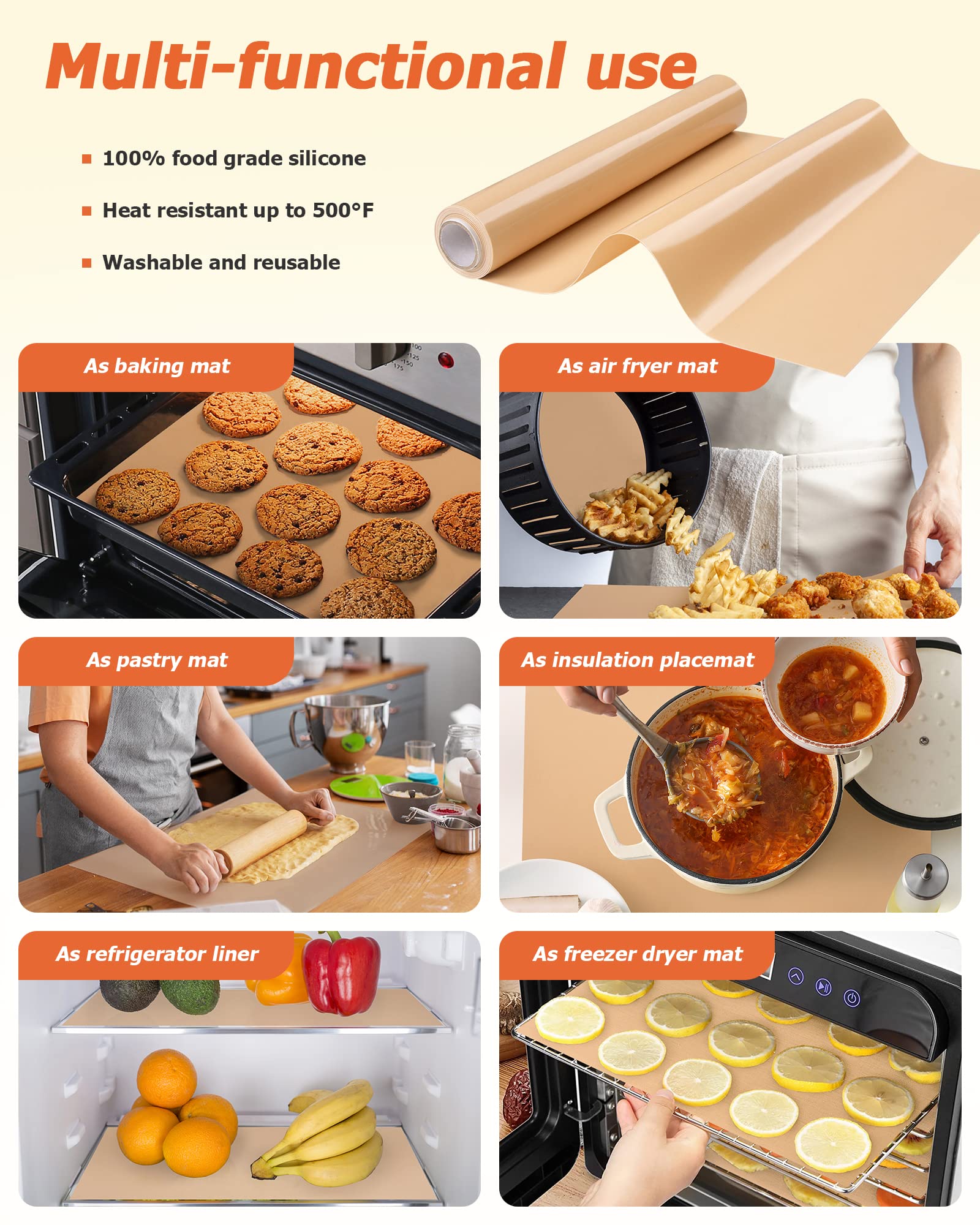MMmat Silicone Baking Mat Roll - Best German Silicone - Non-slip Silicone Pastry Mat, Non-Stick Reusable Air Fryer Linner, Counter Mat, Oven Liner, Freeze Dryer Mat - 16IN x 8FT