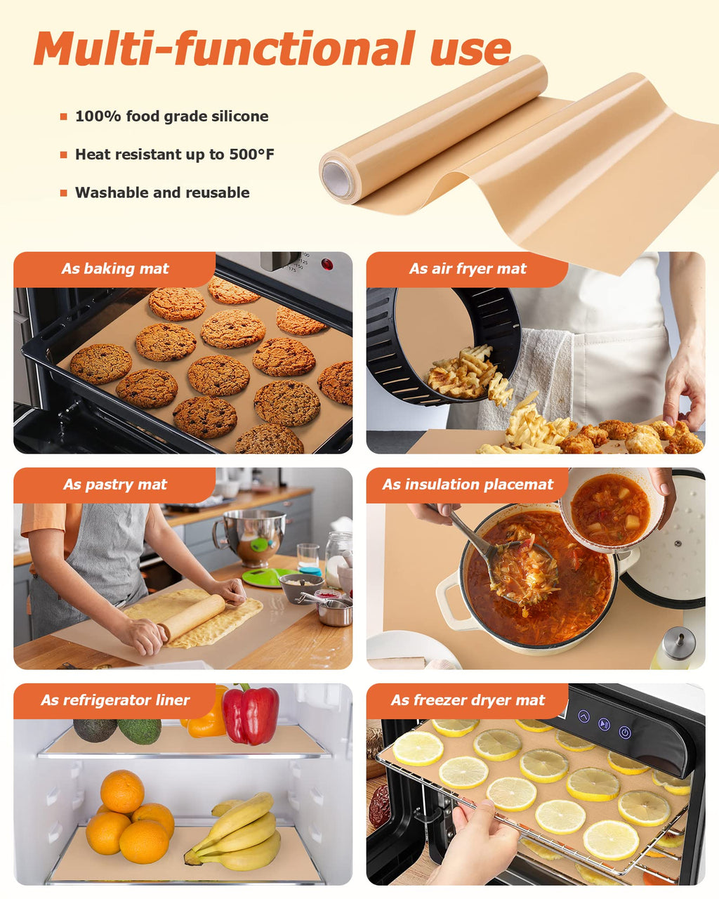 MMmat Silicone Baking Mat Roll - Best German Silicone - Non-slip Silicone Pastry Mat, Non-Stick Reusable Air Fryer Linner, Counter Mat, Oven Liner, Freeze Dryer Mat - 16IN x 8FT