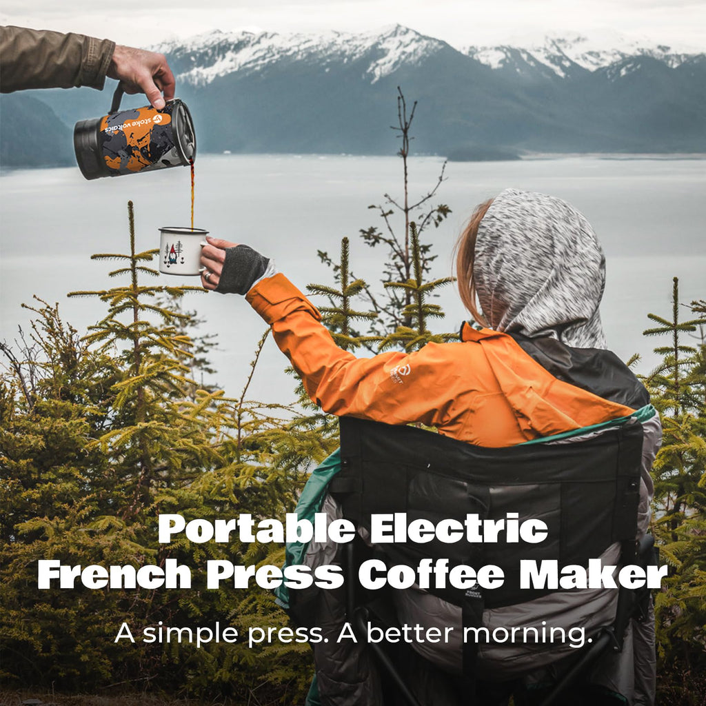 Stoke Voltaics Electric French Press Coffee Maker, 120V Boil Water & Press Coffee 2-in-1, Portable Design for Camping, Travel, 6 Minute Brew Ready
