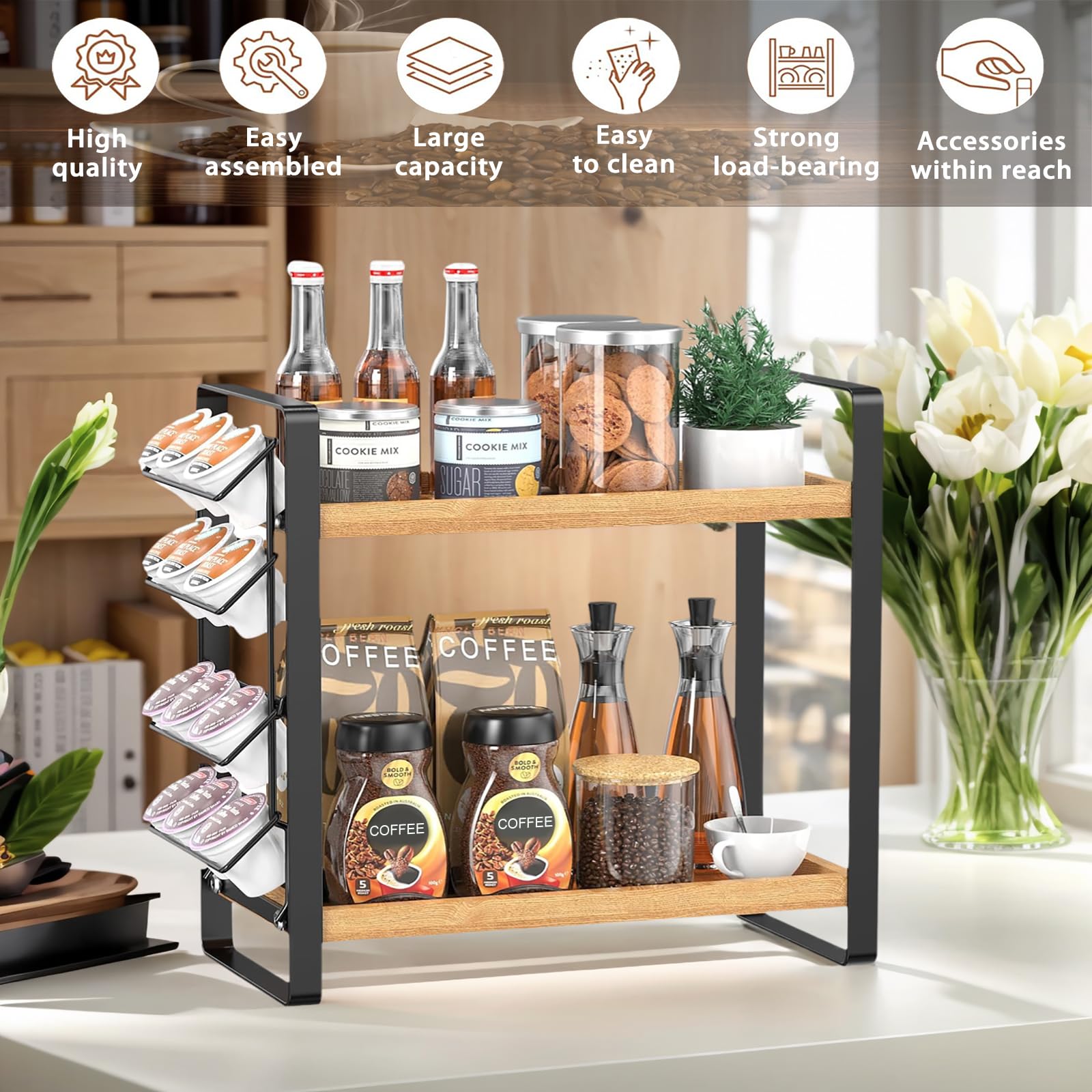 LEMIKKLE Coffee Station Organizer for Counter,Condiment Storage Caddy for Kitchen,2 Tier Wooden Shelf for Coffee Bar Accessories,Coffee Bar Organizer for Kitchen, Home, Office-Brown