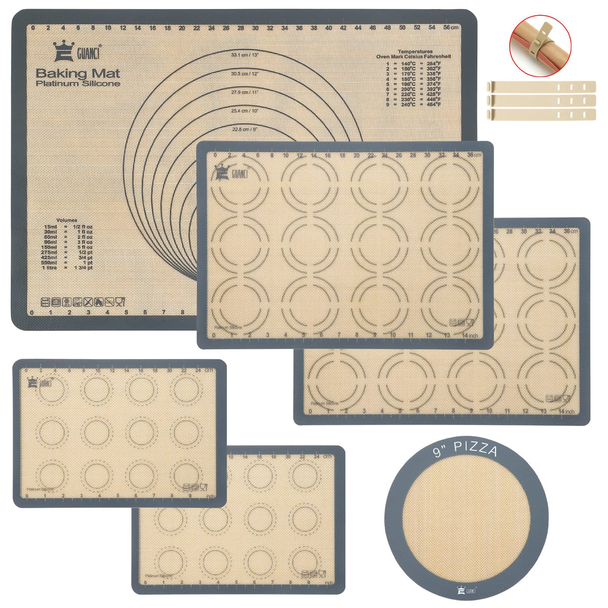 GUANCI Silicone Baking Mat Set of 6, Includes 25"x17.5" Large, 2 Medium 16.5"x11.6", 2 Small 11.75"x8.25", 9" Round, All Mats 0.70mm Thick, Non-Stick Reusable Baking Mats for Pizza, Cookie, Bread