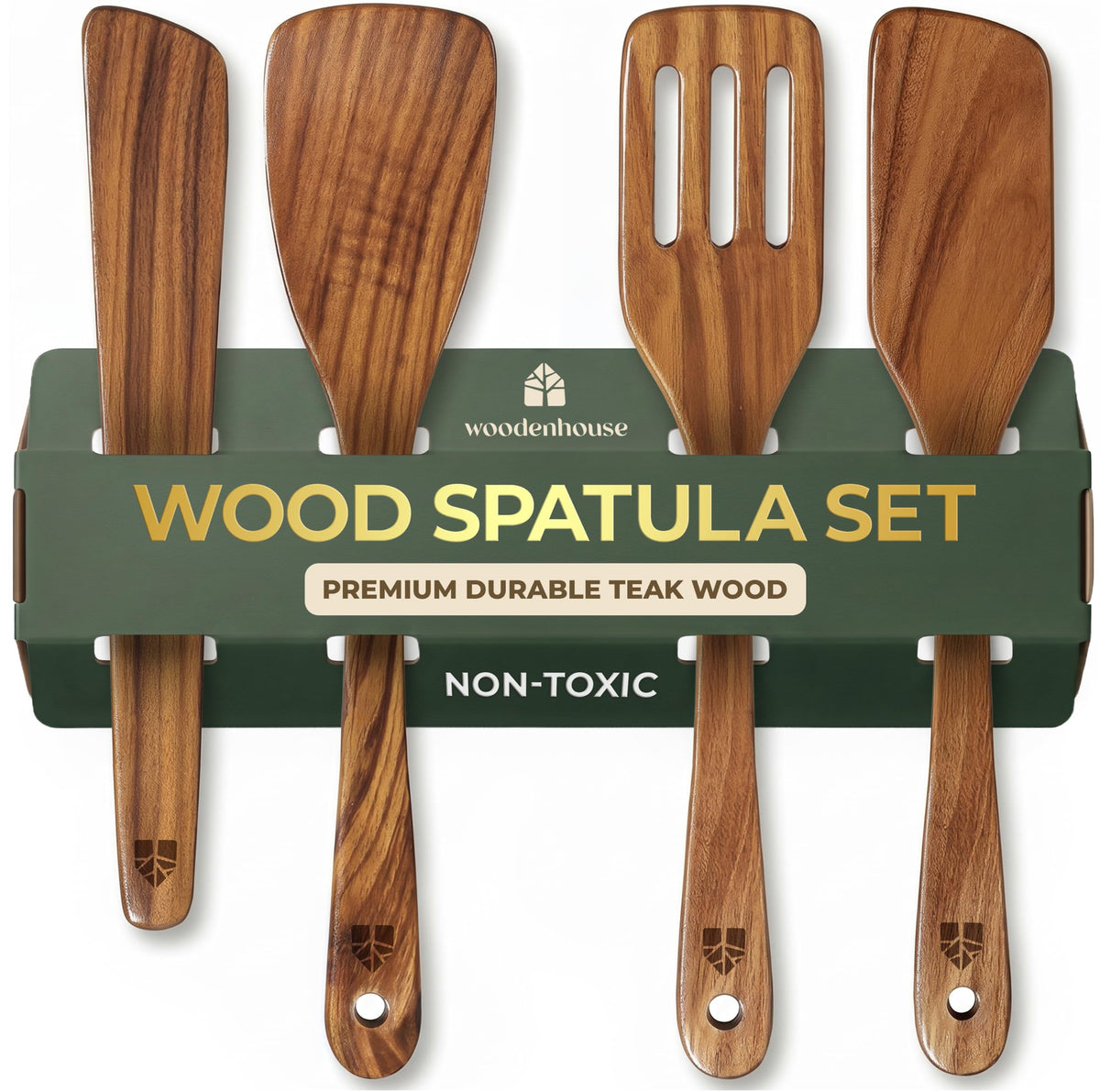 Wooden Spatula for Cooking, Teak Wood Set of 4 for Non Stick Frying Pan