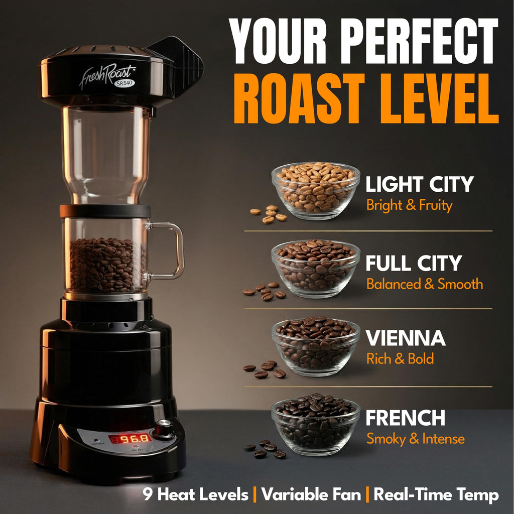 Fresh Roast SR540 Coffee Roaster Bundle with Glass Extension Tube, Digital Coffee Scale & Green Coffee Beans