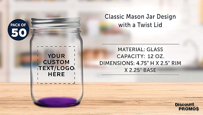 DISCOUNT PROMOS 50 Decorating Mason Jars Set, 12 oz. - Customizable Text, Logo - Canning, Aluminum Lid - Purple