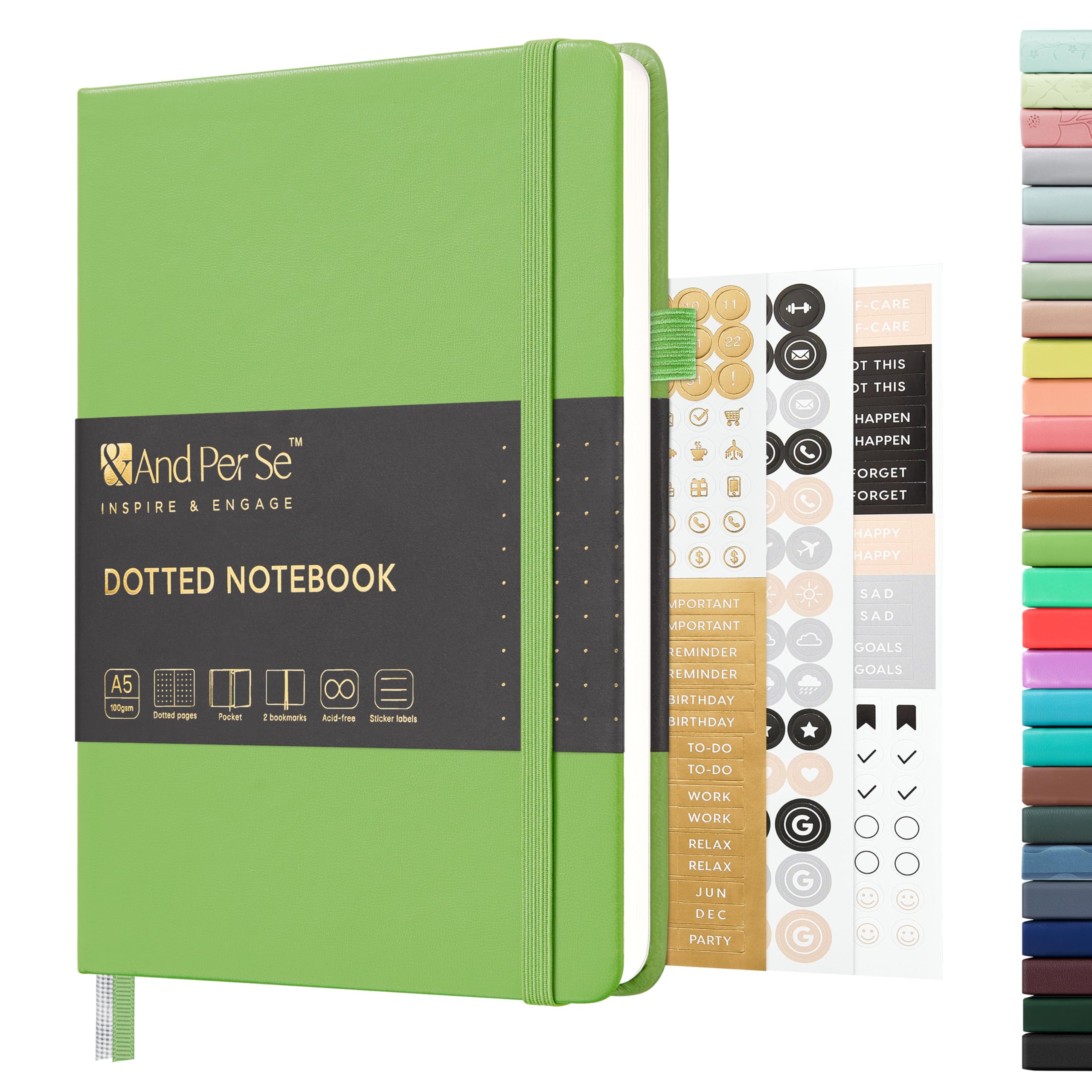 &And Per Se Dotted Journal Notebook, A5 Hardcover Leather Dotted Journal, 160 Pages 100gsm Thick Dot Grid Paper, 3 Sheets of Stickers Included - 5.7'' x 8'' (Pastel green)
