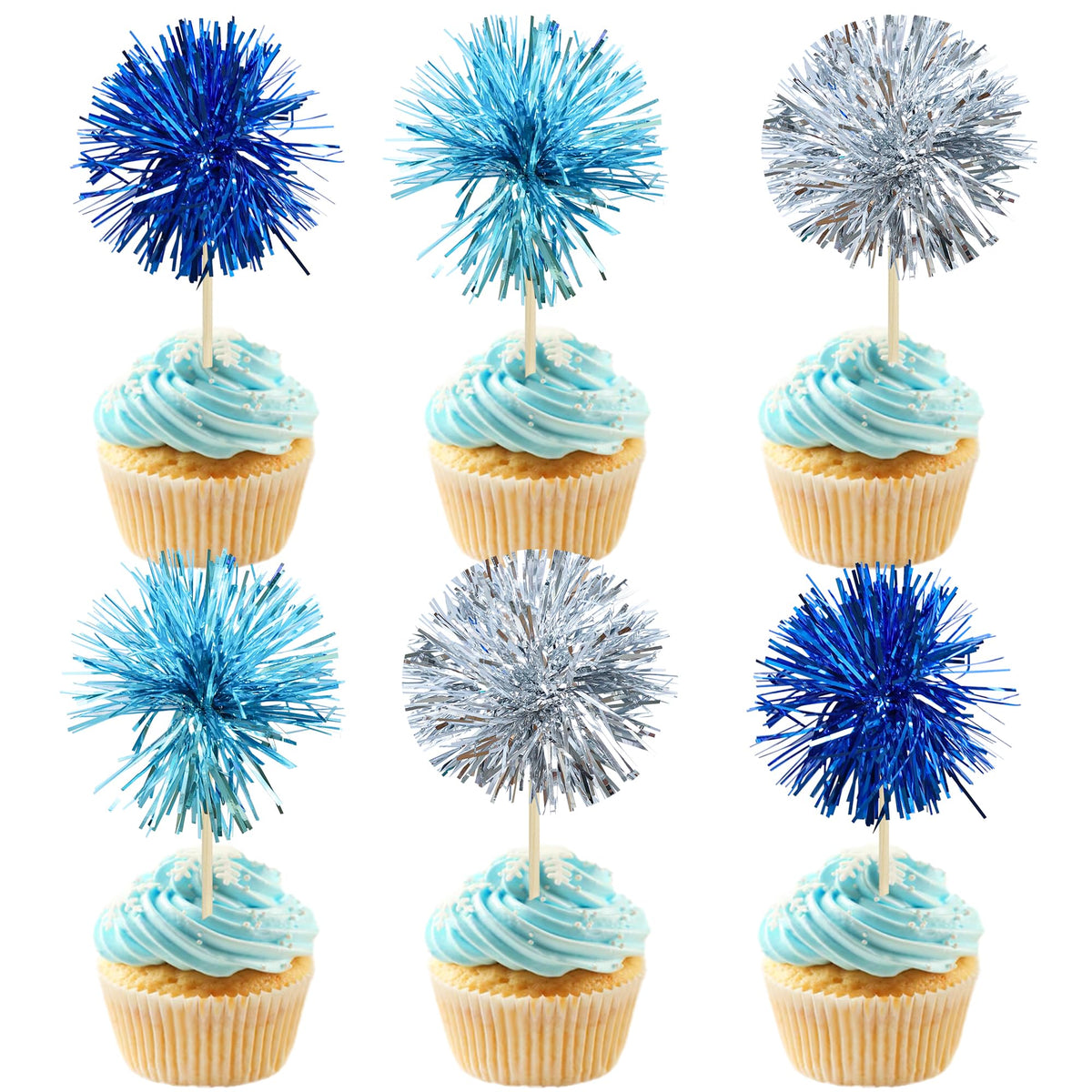 Gyufise 30Pcs Foil Firework Cupcake Toppers Sparkle Tinsel Cake Toppers Tinsel Drink Cake Decoration Cocktail Picks for Birthday Wedding Graduation Party Supplies Dark Blue