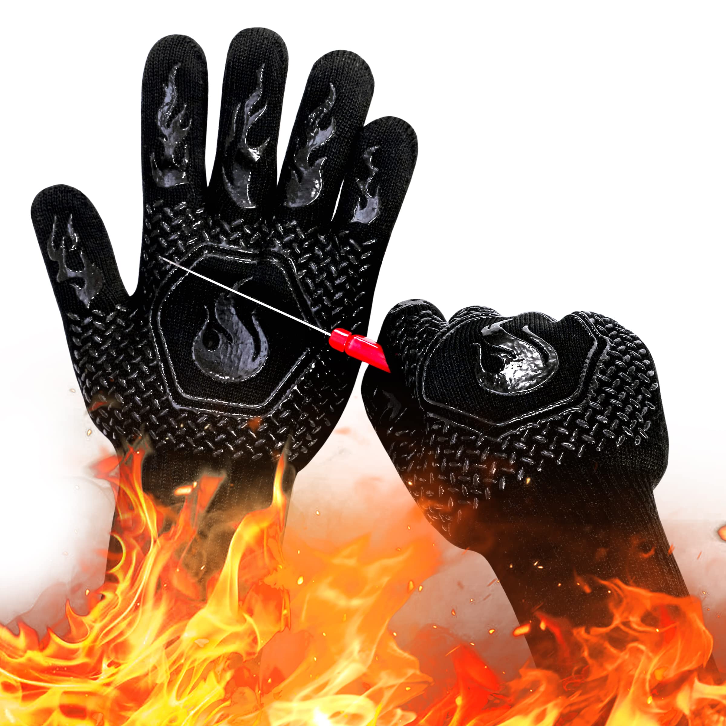 BBQ Gloves 1472F Heat Resistant Non-Slip Silicone 13.5in (Black)