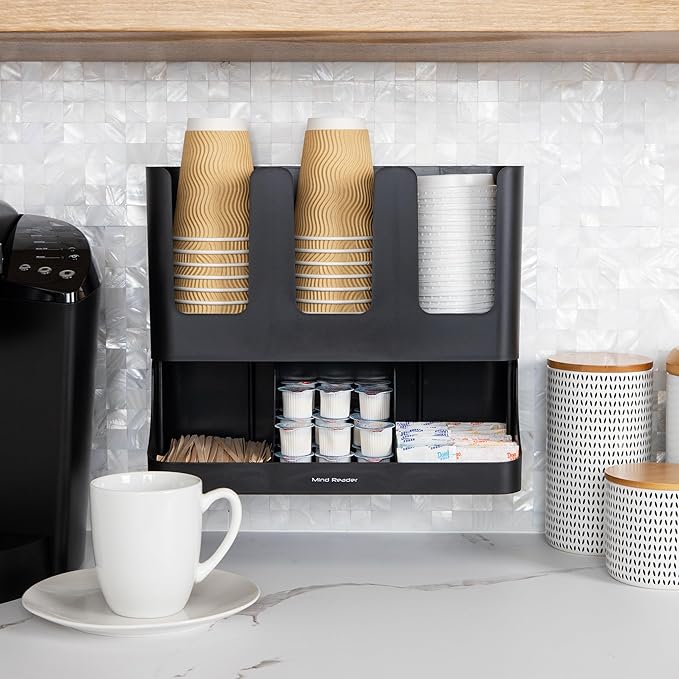 Mind Reader 6 Compartment Upright Breakroom Coffee Condiment and Cup Storage Organizer, Black