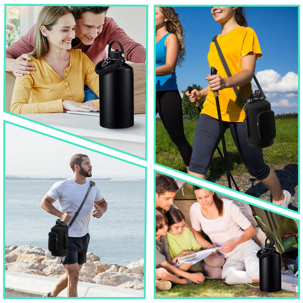 128OZ Insulated Water-Bottles with Strap - 1 Gallon Large Water Jug with Straw & Spout Lid, Stainless Steel Water Bottle Leak Proof, Cold-48h Hot-24h Metal Water Flask w/Paracord Handle, Carrier Bag