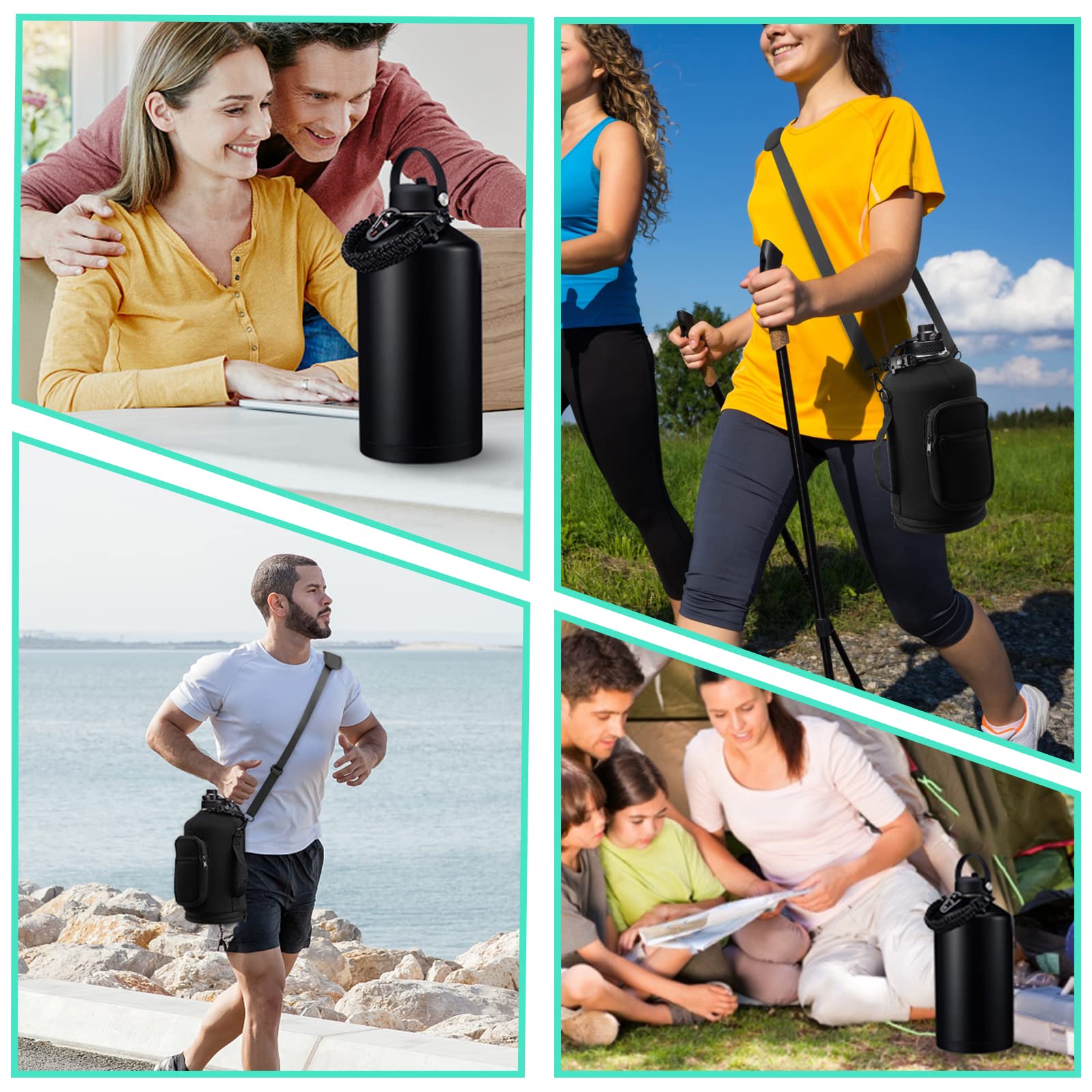 128OZ Insulated Water-Bottles with Strap - 1 Gallon Large Water Jug with Straw & Spout Lid, Stainless Steel Water Bottle Leak Proof, Cold-48h Hot-24h Metal Water Flask w/Paracord Handle, Carrier Bag