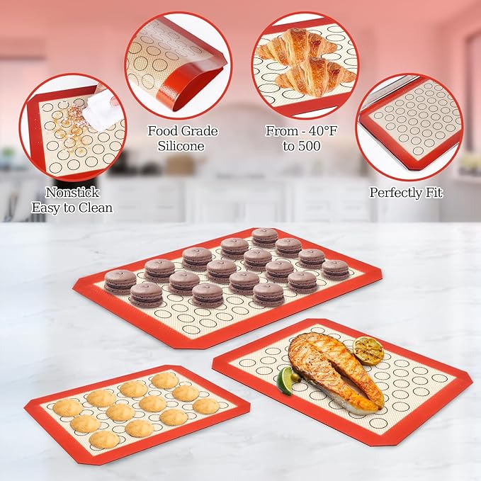 Baking Sheet with Silicone Baking Mat Set,CEKEE Stainless Steel Baking Sheet Pan Tray, Cookie Sheets for Baking, 6PCS Baking Supplies Bakeware Sets for Oven Making Cookies, Macaroons, Bread