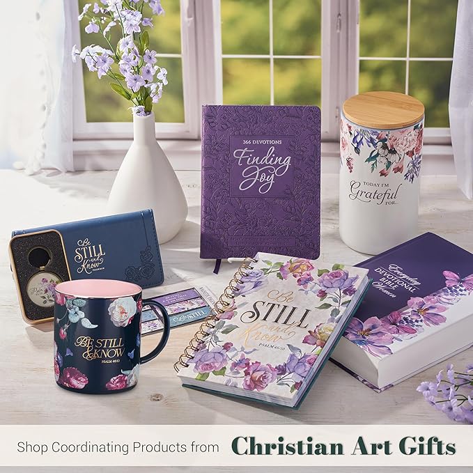 Christian Art Gifts Large Ceramic Inspirational Scripture Coffee & Tea Mug for Women: Be Still & Know Encouraging Gold Bible Verse, Lead/Cadmium Free Cute Drinkware, Dark Navy Blue/Pink Floral, 14 oz.