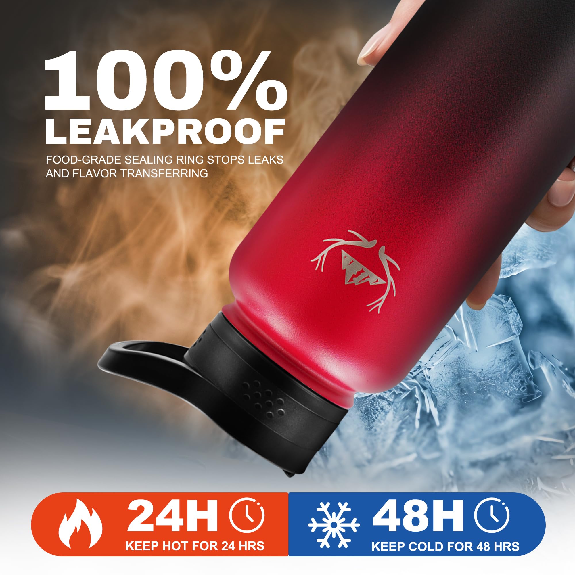 NATURE PIONEOR 40 oz Insulated Water Bottle with Carrier Bag & 3 Lids