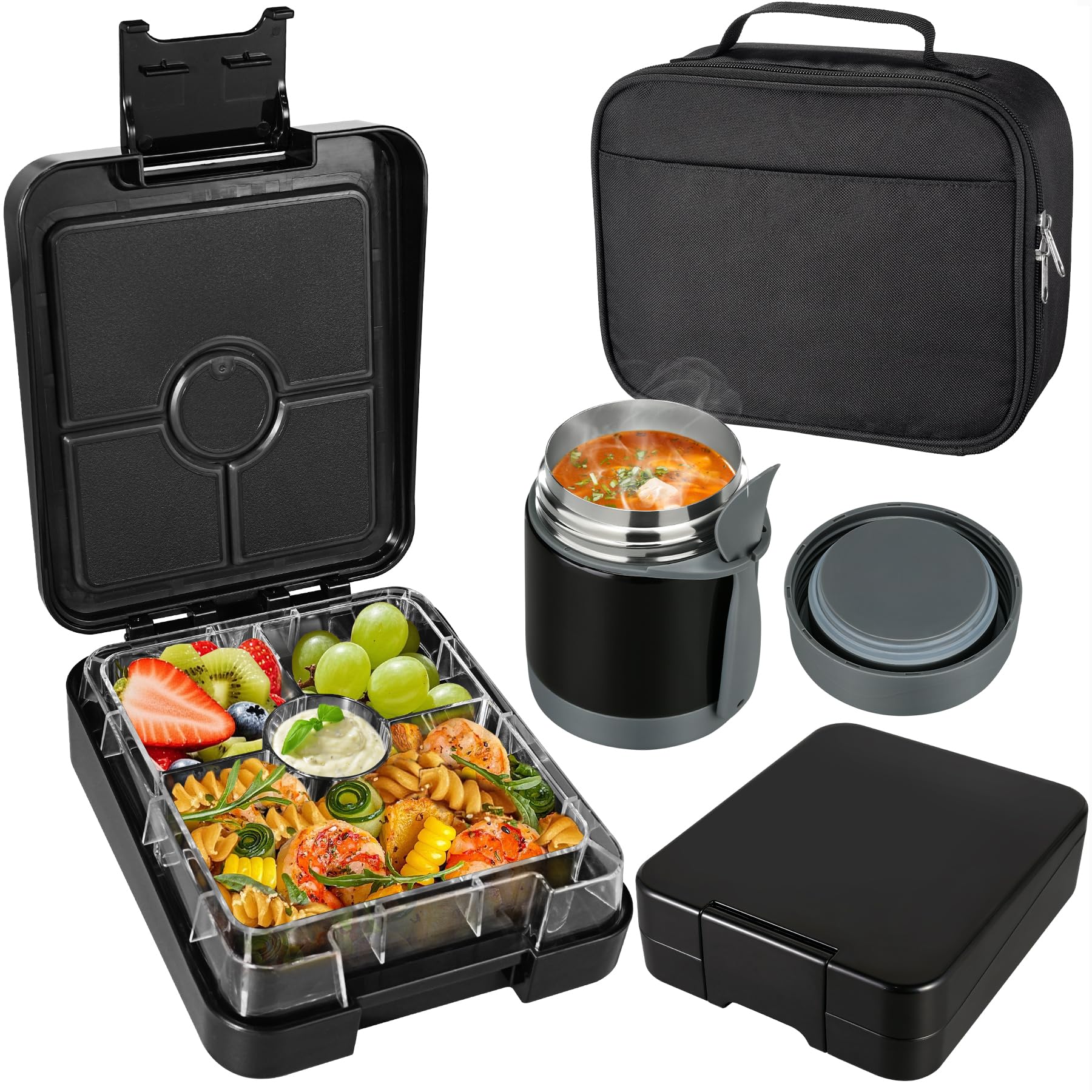 Pawtong Bento Lunch Box Set With 10oz Soup Thermo, Leak-proof Lunch Containers with 4 Compartment, Kids Hot Thermo Food Jar/Insulation Lunch Bag, Food Containers for School (Black)
