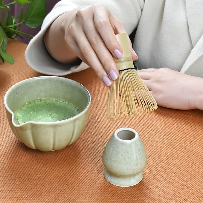 Artcome 7 Pcs Japanese Matcha Tea Set - Matcha Bowl with Pouring Spout, Matcha Whisk, Tea Scoop, Whisk Holder, Handmade Matcha Ceremony Kit For Japanese Tea Ceremony, Mottled Green
