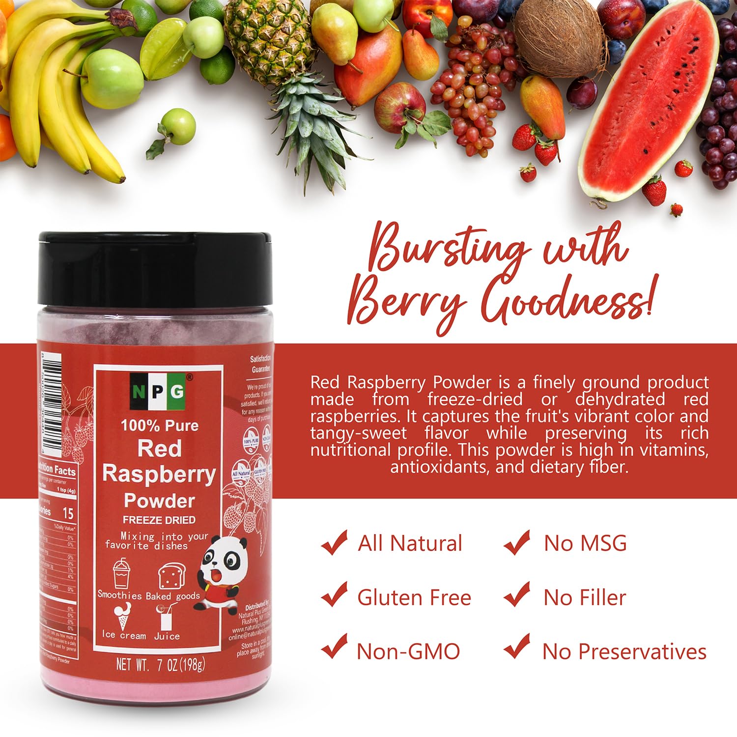 NPG Freeze Dried Red Raspberry Juice Powder 7 oz, Seedless Superfood Powder