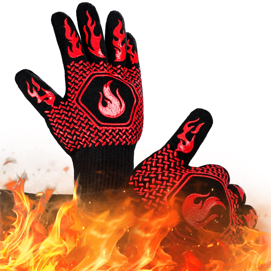 BBQ Gloves 1472F Heat Resistant Non-Slip Silicone 13.8in (Red)