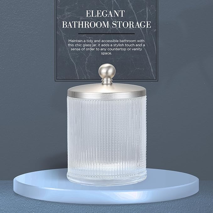 Glass Jar with Metal Lid for Bathroom Organization, Clear Apothecary Jar for Cotton Balls, Q Tips, and Small Accessories, Stylish Bathroom Storage Container Nickel, Clear