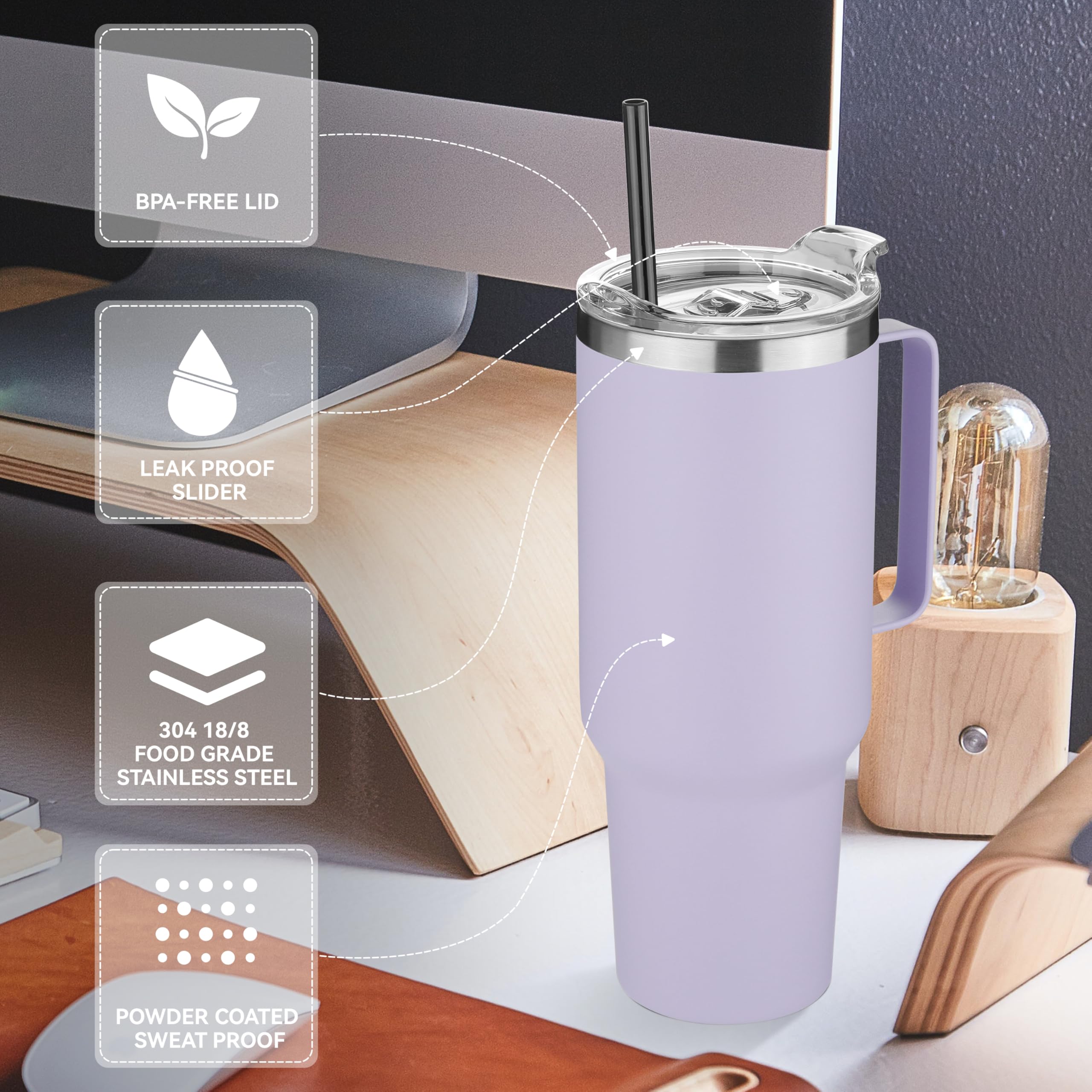 HASLE OUTFITTERS 40 oz Stainless Steel Tumbler with Handle, Vacuum Insulated Tumblers Bulk, Reusable Double Wall Travel Coffee Mug, Durable Powder Coated Water Bottle(Purple, 4)